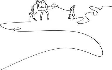 Linear drawing of a man walking with a camel in the desert. 