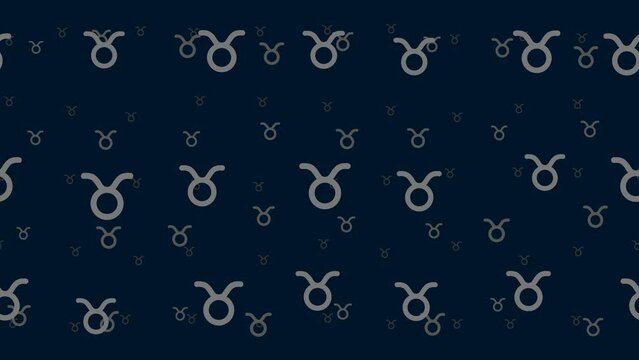 Zodiac taurus symbols float horizontally from left to right. Parallax fly effect. Floating symbols are located randomly. Seamless looped 4k animation on dark blue background