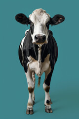 Ultra realistic and detailed cow surprised look, pink nose, on sky blue background