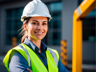 Portrait of female engineer standing with arms crossed in front of construction site