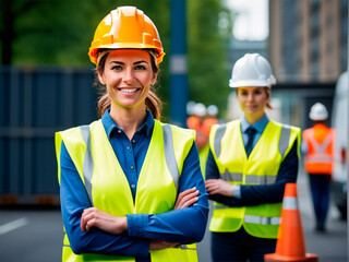 Portrait of smiling female engineer in safety helmet and reflective vest standing with arms crossed outdoors
