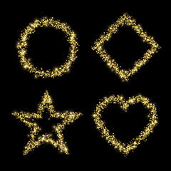Circle, star, heart, square frame yellow gold glitter confetti with lights on black background. Vector