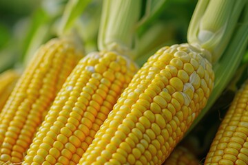 A close-up view of a bunch of corn on the cob. This image can be used to showcase the freshness of corn or for food-related projects