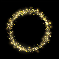 Round frame yellow gold glitter confetti with lights on black background. Vector