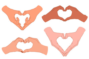Fototapeta premium Set of hands in cartoon style. Human hands. Vector male and female hands showing heart signs. Love concept. Valentine's Day.