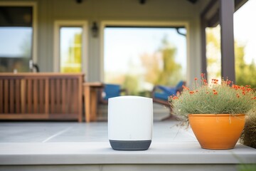 outdoor speaker on a patio with lawn in background