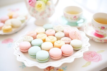 Obraz na płótnie Canvas tray of assorted macarons in pastel colors