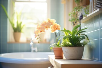 Fototapeta na wymiar sunlit bathroom with potted ferns and orchids
