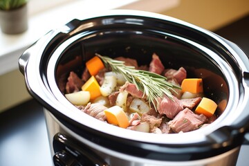 slow cooker filled with beef bourguignon ingredients