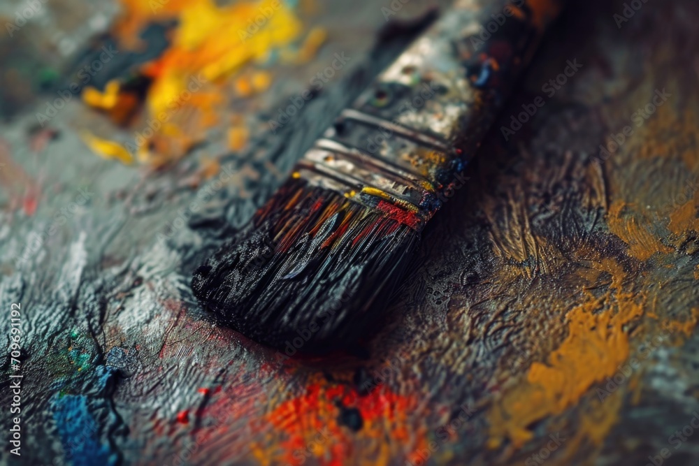 Poster A detailed view of a paintbrush resting on a palette. Ideal for art-related projects and designs