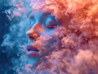 portrait fantasy a woman with blue and pink smoke