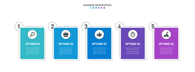 Timeline infographic with infochart. Modern presentation template with 5 spets for business process. Website template on white background for concept modern design. Horizontal layout.