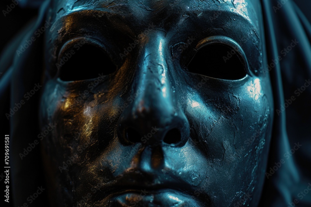 Poster a close-up view of a statue featuring the face of a woman. this image can be used for various purpos