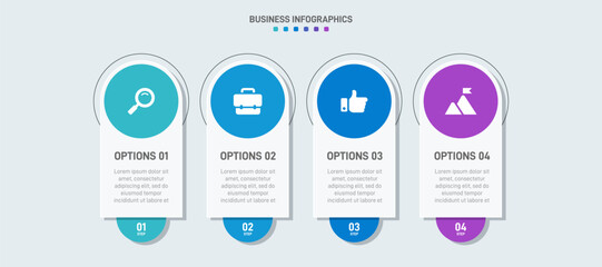 Timeline infographic with infochart. Modern presentation template with 4 spets for business process. Website template on white background for concept modern design. Horizontal layout.
