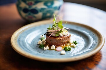 lamb burger with feta and mint on a stoneware plate - obrazy, fototapety, plakaty