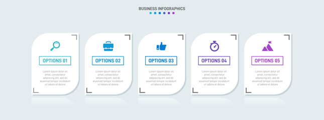 Timeline infographic with infochart. Modern presentation template with 5 spets for business process. Website template on white background for concept modern design. Horizontal layout.