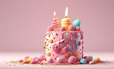 Birthday cake for with candles in pink tones, holiday concept, banner. Birthday cake with candles. 