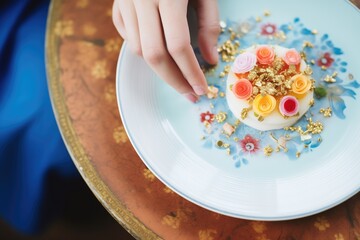 Obraz na płótnie Canvas closeup of hands decorating a luxury dessert plate