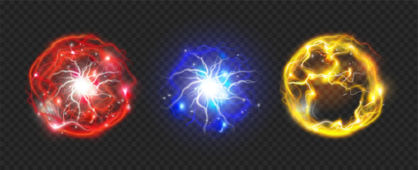 Powerful electrical discharge, energy balls magical effect design elements. Vector isolated round spheres on transparent background. Thunderbolt and burst of glowing bright electricity flash © Sensvector