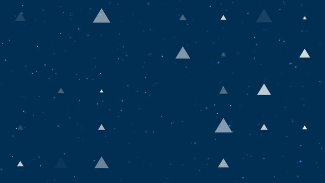 Template animation of evenly spaced triangle symbols of different sizes and opacity. Animation of transparency and size. Seamless looped 4k animation on dark blue background with stars