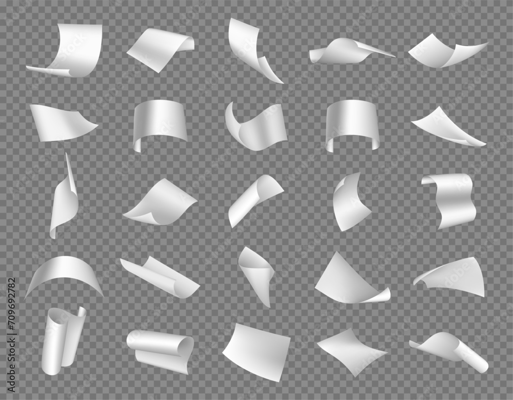 Poster Realistic blank notes flying in air, blown by wind. Vector isolated paper sheet with copy space, document with curled edges, office paperwork falling down. Bent a4 scattered, transparent background