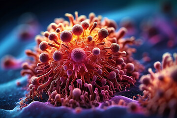 Bacteria and cells under microscope in the laboratory, coronavirus close-up view