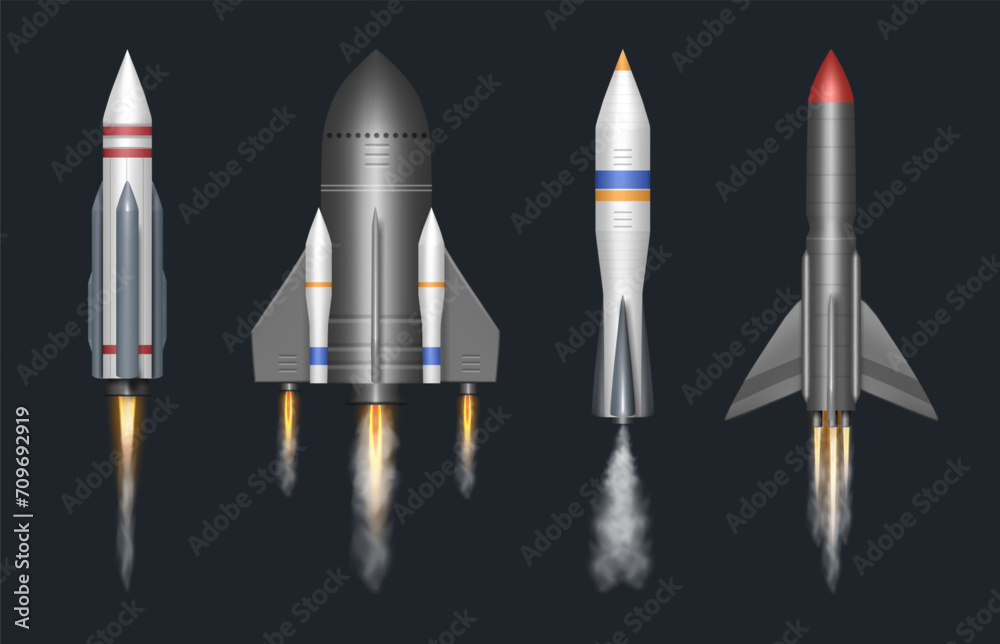 Poster taking off realistic rocket, isolated futurist spaceship launching with smoke and fire. vector cosmo