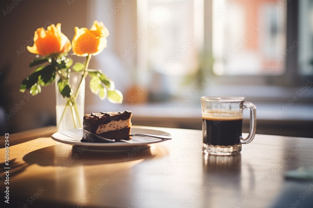 Poster cup of coffee beside chocolate cake slice, morning light