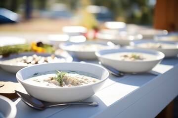 clam chowder tasting event with multiple bowls