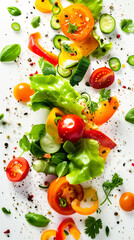 A vibrant and colorful assortment of fresh salad ingredients scattered on a white surface. The salad includes sliced tomatoes interspersed with thinly sliced green cucumbers and leafy greens.