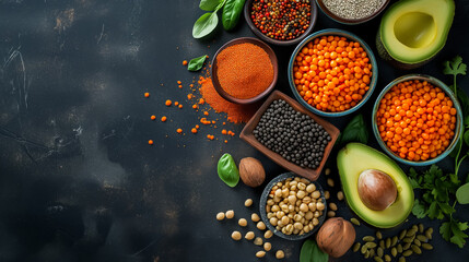 Assorted legumes and spices on a dark background. Multiple small bowls filled with different types of colorful lentils, chickpeas, and peppercorns. An avocado is cut in half and placed near the bowls.