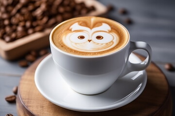 Close up shot of hot latte coffee with owl latte art in a ceramic white cup, isolated on white background, Generated AI