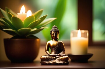 small buddha statue near window among house plants and candles, meditation and spirituality concept