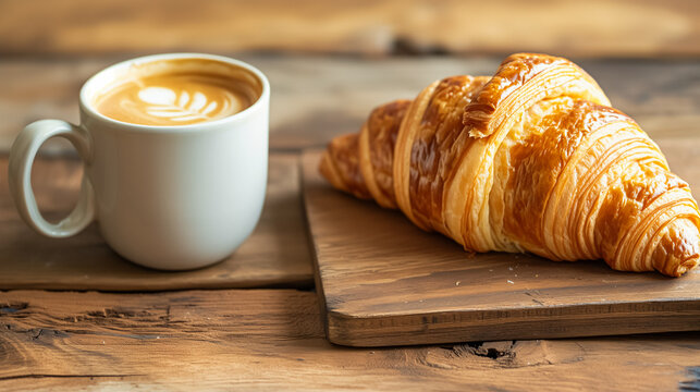 A cup of coffee with latte art beside a golden, flaky croissant on a wooden cutting board. The image captures the essence of a perfect, cozy breakfast moment. 