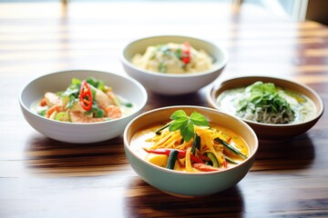 bowls of red, yellow, and green thai curry side by side