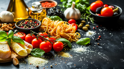 An assortment of fresh ingredients commonly used in Italian cuisine, spread out on a black,...