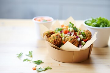 falafel balls spilling out of a paper takeout container