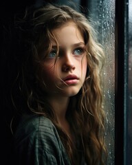 Contemplative Young Girl Gazing Through Rainy Window