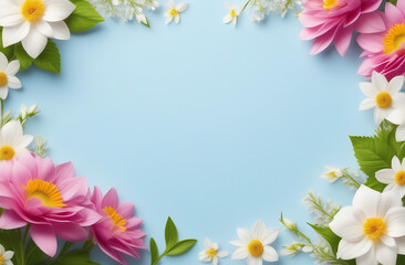 
blue background with a frame of delicate flowers with space for text