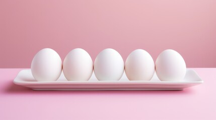Fototapeta premium White eggs in a tray on pink background