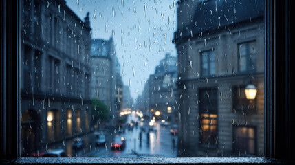 Fototapeta premium Raindrops on a window with a blurred city street in the background, moody urban scene.