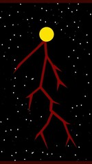 Red abstract tree silhouette with a yellow circle on a black background