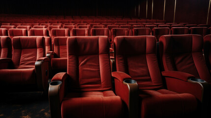 Empty plush red seats in a cinema theater, waiting for an audience to fill the space.