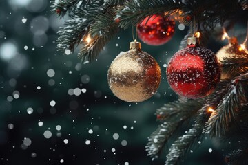 Decorating an outdoor tree with handmade ornaments, surrounded.