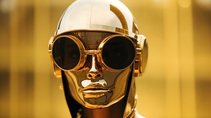 Portrait of a woman wearing golden metallic mask. - obrazy, fototapety, plakaty
