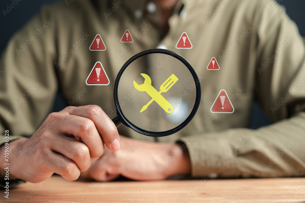 Aufkleber Maintenance Fixing System warning on internet or caution sign symbol. Notification error. cyber attack on computer network. Cybersecurity vulnerability, data breach, illegal connection.