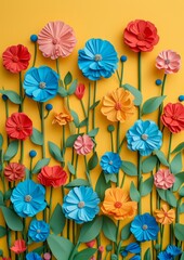 Colorful paper flowers in a creative display against a vibrant yellow background