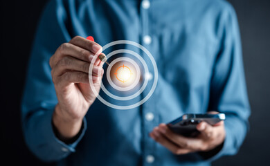 Businessman Hand pointing and aiming target for planning development leadership and customer target group in online business concept.