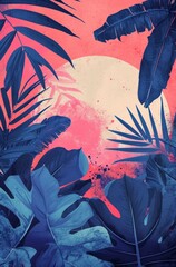 Stylized tropical leaves silhouette with a vibrant sunset backdrop