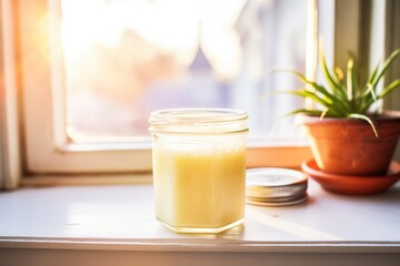 glass jar of kefir on a windowsill during golden hour - obrazy, fototapety, plakaty